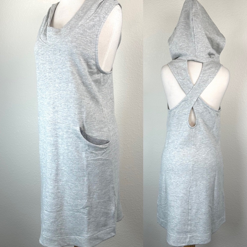 Bleusalt French Terry Hooded Mini Dress Criss Cross Open Back Pocket Gray Mā